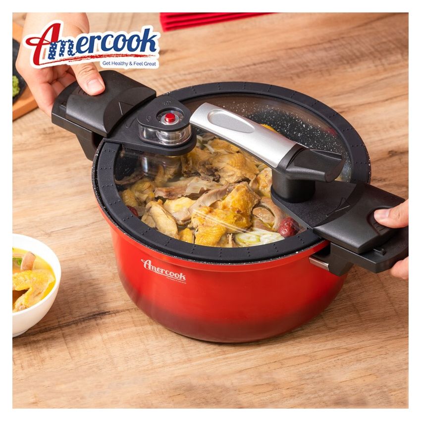 Amercook 红色微压麦饭石汤锅 可随时开盖的压力锅 煤气灶电磁炉通用 4L