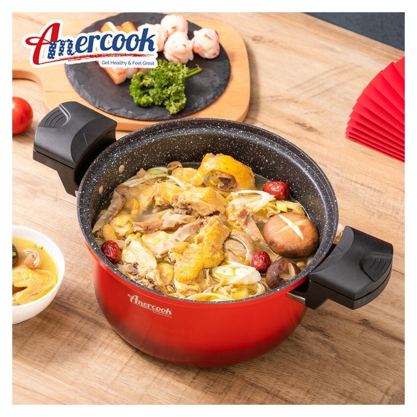 Amercook 红色微压麦饭石汤锅 可随时开盖的压力锅 煤气灶电磁炉通用 4L