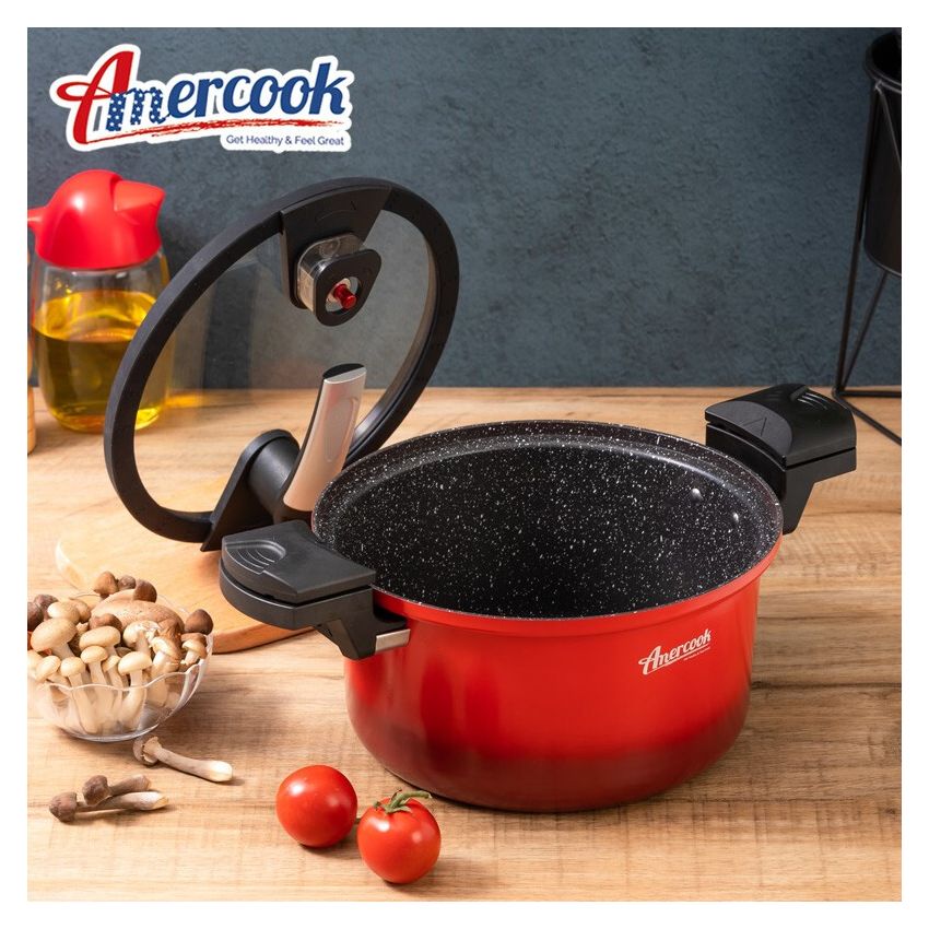 Amercook 红色微压麦饭石汤锅 可随时开盖的压力锅 煤气灶电磁炉通用 4L
