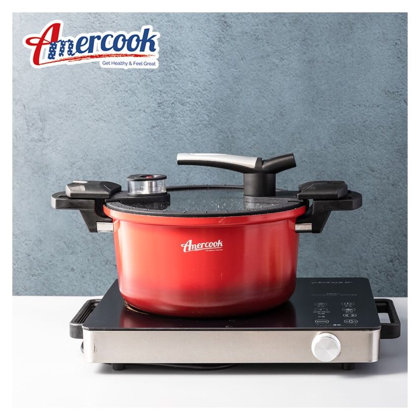 Amercook 红色微压麦饭石汤锅 可随时开盖的压力锅 煤气灶电磁炉通用 4L