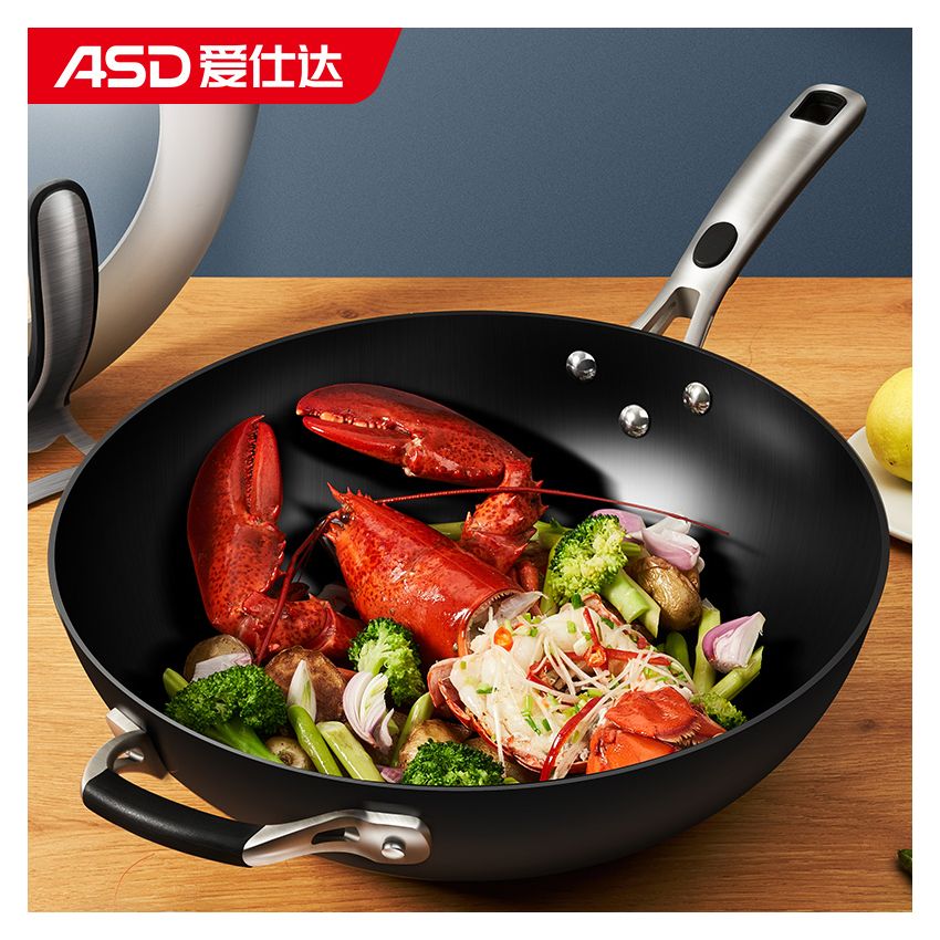 爱仕达(ASD)炒锅炒菜锅第三代旋风不锈无涂层铸铁锅 平底电磁炉煤燃气通用 32cm
